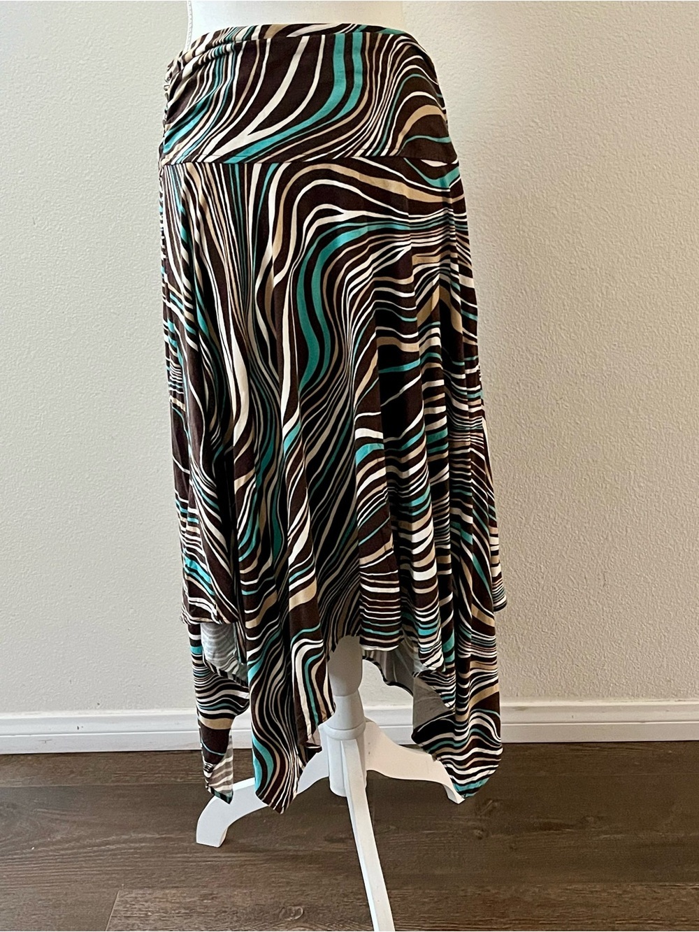 Kenar Asymmetrical Midi Skirt in Brown, Teal & White